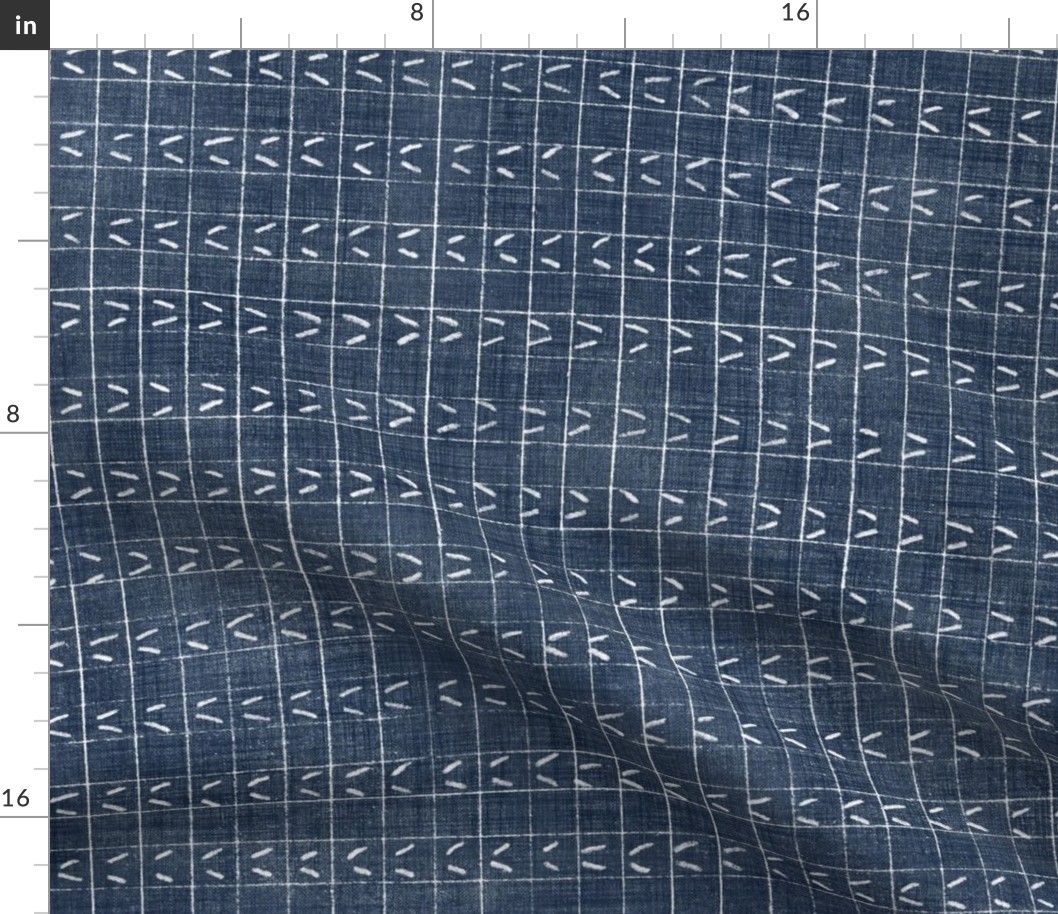 Sashiko V's on Indigo Linen (xl scale) | Japanese stitch patterns on dark blue and white linen checks, herringbone, visible mending, kantha quilt, mudcloth, checked fabric with sashiko stitching.