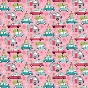 retro christmas cars pink background