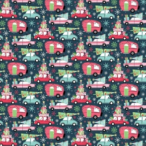 retro christmas cars navy background