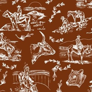 Cowgirl's Western Toile in Rust - Cowboy Toile, Cowgirl Toile, Country Western Toile, Western Toile, Vintage Toile