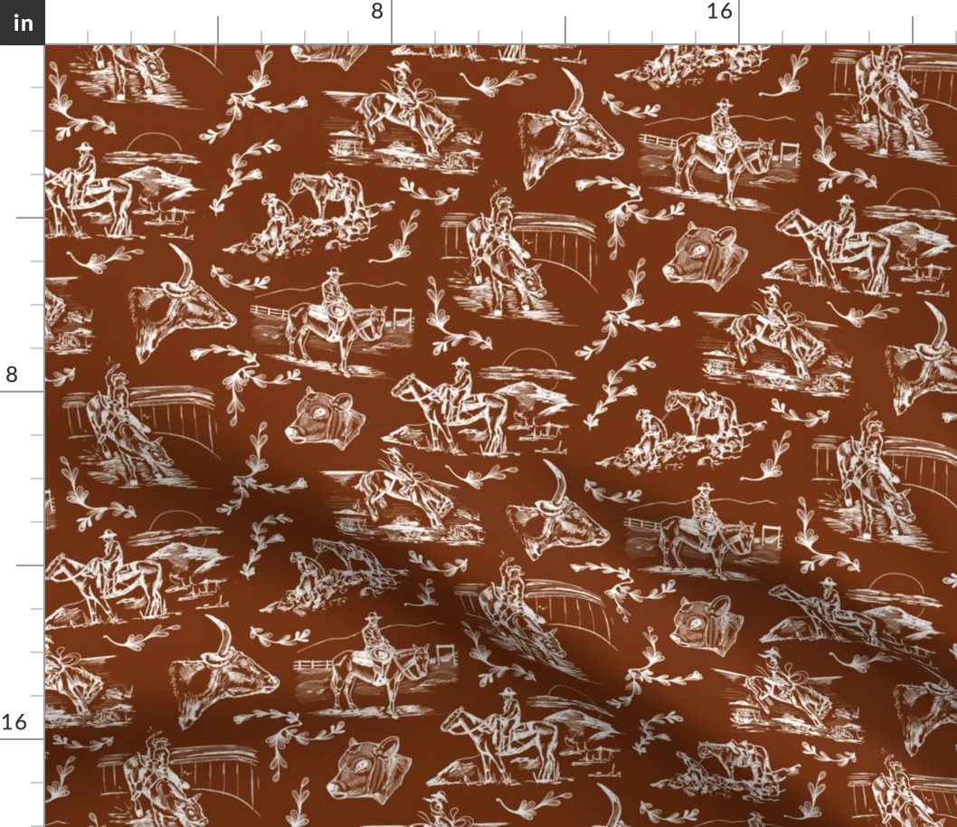 Cowgirl's Western Toile in Rust - Cowboy Toile, Cowgirl Toile, Country Western Toile, Western Toile, Vintage Toile