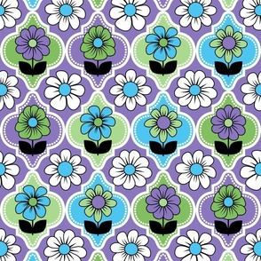 70s Retro Floral Quatrefoil // Blue, Purple, Lavender, Green, Black and White // V1 // 600 DPI