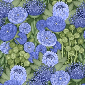 Boho Chic Flowers // Cobalt Blue and Green // Small Scale Fabric - 500dpi // Large Scale Wallpaper - 250dpi