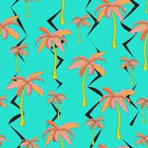 Peach palm trees on bright  teal