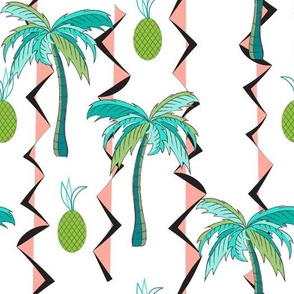 Palm trees and pineapples in teal on white