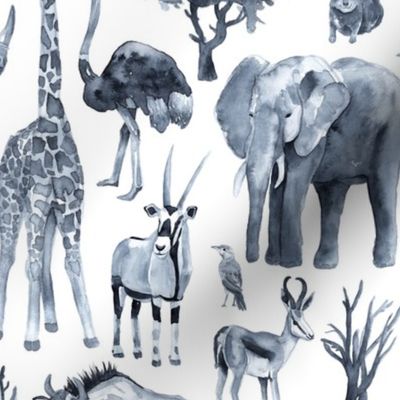 Large. Wildlife in Namibia, Africa. Painted in watercolour in grey including animals like the elephant, rhino, lion and cheetah.