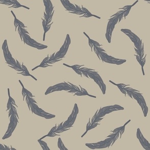 Floating Feathers - Indigo Blue on Khaki, large scale