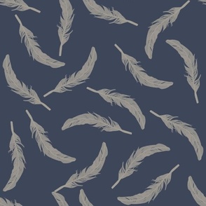 Floating Feathers - Khaki on Indigo Blue, large scale