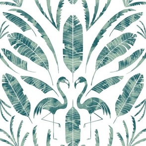 Tropical Palms and Flamingo Damask  - forest teal