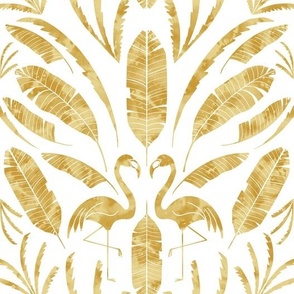 Tropical Palms and Flamingo Damask  - gold