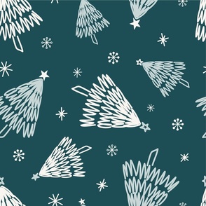Hand Drawn Christmas Trees and Snowflakes