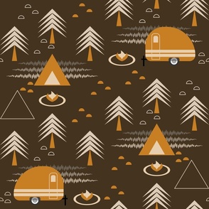 Toasty Cozy Camping / Outdoors / Geometric / Tent Retro Camper Caravan / Trees Forest / Brown Orange /  Large