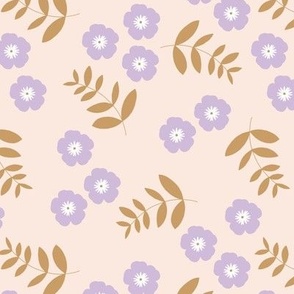 Flowers and leaves sweet spring blossom bohemian retro island vibes lilac mustard on blush cream
