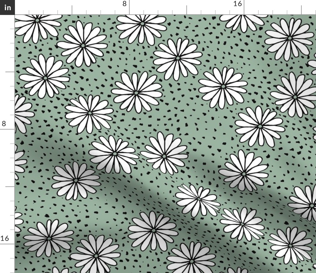 Sweet summer daises and spots boho garden seventies vintage style dark sage green LARGE