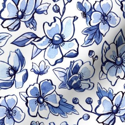 Large. Anemone flowers painted in Dutch Delft pottery style in blue.