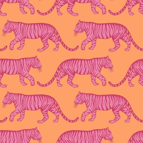 Wild Tigers, Pink Tigers on Orange, Dopamine, Bright Colors