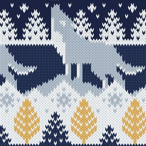 Large jumbo scale // Fair isle knitting grey wolf // navy blue and grey wolves yellow moons and pine trees