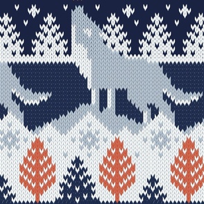 Large jumbo scale // Fair isle knitting grey wolf // navy blue and grey wolves orange moons and pine trees