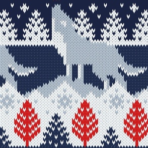 Large jumbo scale // Fair isle knitting grey wolf // navy blue and grey wolves red moons and pine trees