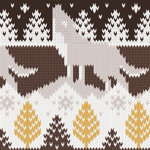 Large jumbo scale // Fair isle knitting grey wolf // oak and taupe brown wolves yellow moons and pine trees