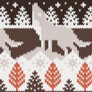 Large jumbo scale // Fair isle knitting grey wolf // oak and taupe brown wolves orange moons and pine trees