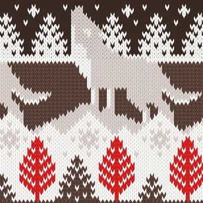 Large jumbo scale // Fair isle knitting grey wolf // oak and taupe brown wolves red moons and pine trees
