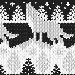 Large jumbo scale // Fair isle knitting grey wolf // black and white wolves moons and pine trees