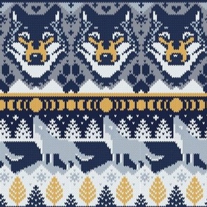 Small scale // Fair isle knitting grey wolf // navy blue and grey wolves yellow moons and pine trees