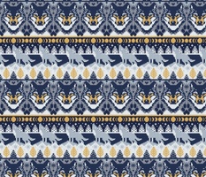 Small scale // Fair isle knitting grey wolf // navy blue and grey wolves yellow moons and pine trees