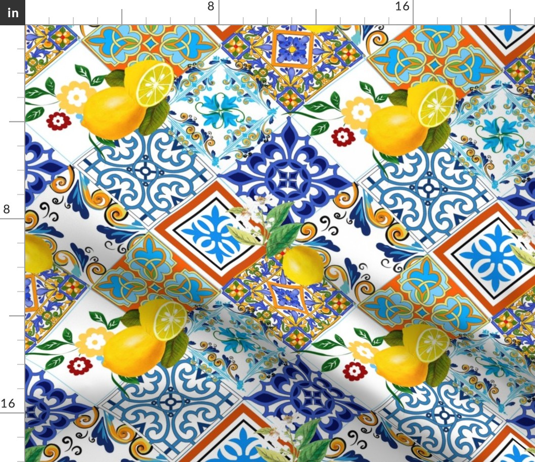 Tiles,mosaic,azulejo,quilt,Portuguese,majolica,lemons,citrus.