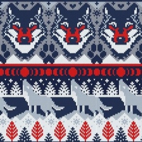 Small scale // Fair isle knitting grey wolf // navy blue and grey wolves red moons and pine trees