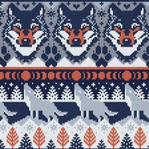 Small scale // Fair isle knitting grey wolf // navy blue and grey wolves orange moons and pine trees