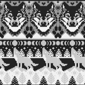 Small scale // Fair isle knitting grey wolf // black and white wolves moons and pine trees