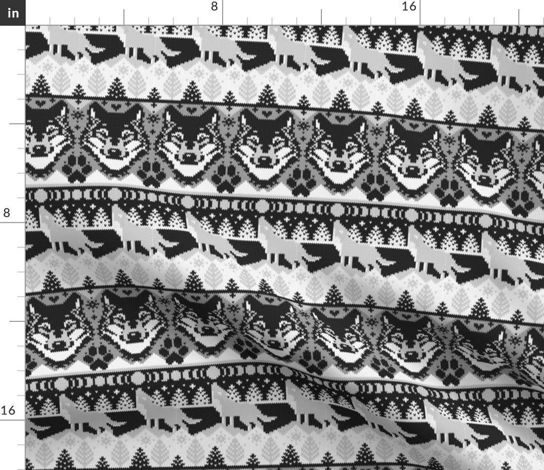 Small scale // Fair isle knitting grey wolf // black and white wolves moons and pine trees