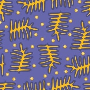 Leaves of the jungle in Very peri blue Pantone color of the year 2022 and yellow Small scale