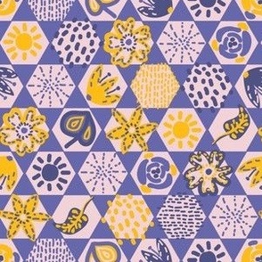 Mosaic of the jungle in Very peri blue Pantone color of the year 2022 and yellow Small scale