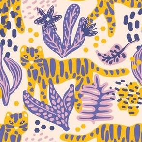 Tigers in the jungle in Very peri blue Pantonecoty2022 Pantone color of the year 2022 and yellow Small scale