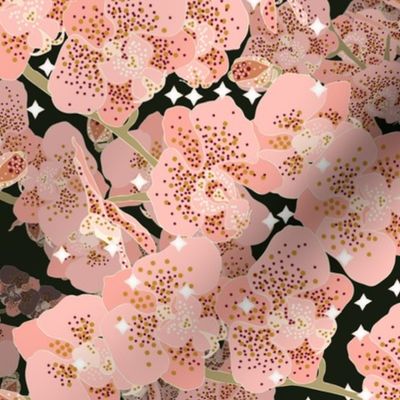 Orchid flowers in blush with optical illusion effect and sparkling stars in magical forest on black Large scale