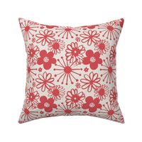 Brushed Ink Drawing of Festive Flower Tops, Red and Beige