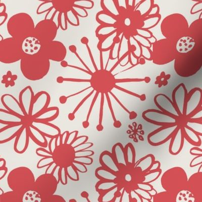 Brushed Ink Drawing of Festive Flower Tops, Red and Beige