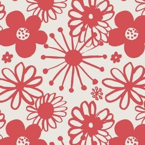 Brushed Ink Drawing of Festive Flower Tops, Red and Beige