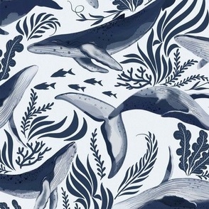 Large // Humpback Whales in watercolor navy