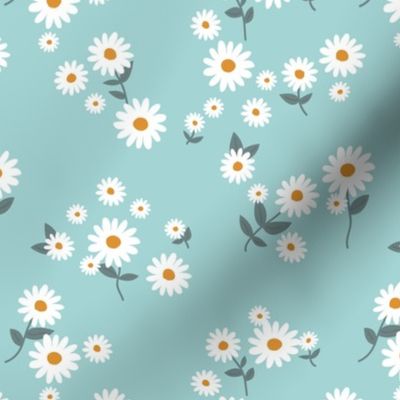 Messy daisies and leaves spring summer garden petals and blossom flowers white gray on blue