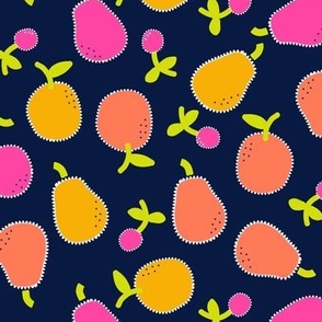 Whimsical Tossed Fruit Salad  of Pears, Cherries and Apples edged in Ric Rac on Midnight Blue Non Directional