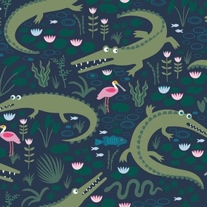 American Alligators and Roseate Spoonbills - medium small scale - Navy Petal Solid Coordinate