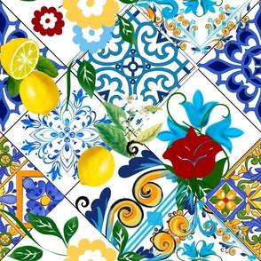 Summer ,Sicilian tiles ,citrus,azulejo,majolica,lemons ,Mediterranean 