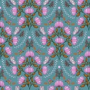 Art nouveau pink flower on teal