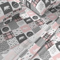 (3" small scale) Pink and Grey Fearfully and Wonderfully Made - Patchwork woodland quilt top C21