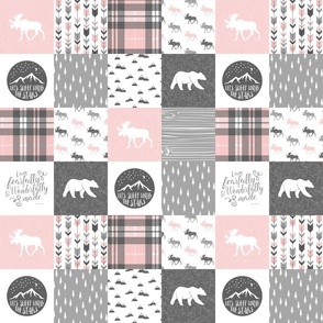 (3" small scale) Pink and Grey Fearfully and Wonderfully Made - Patchwork woodland quilt top C21