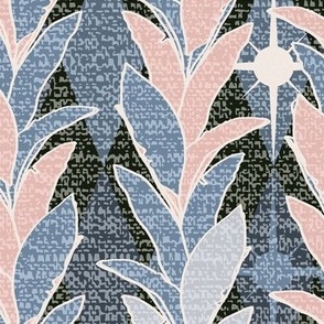 Palm leaves in pink and moody blue on black Large scale